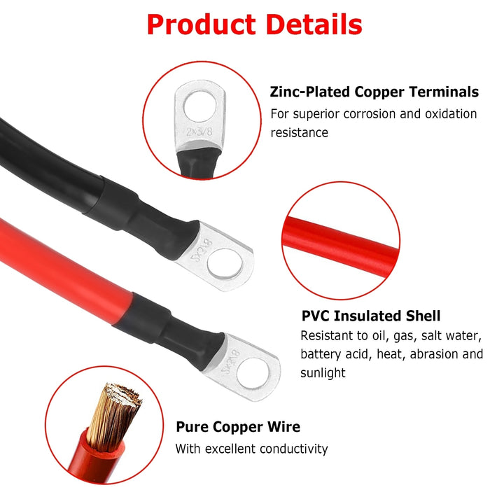 2Pcs 2 AWG Gauge Copper Battery Cables Red Black with 3/8in Lugs 1FT to 7FT Sizes Image 2