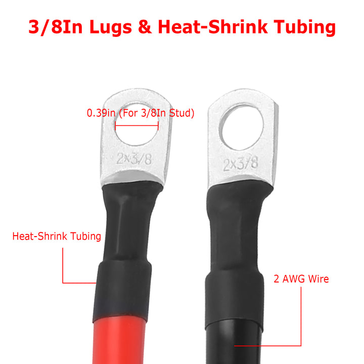 2Pcs 2 AWG Gauge Copper Battery Cables Red Black with 3/8in Lugs 1FT to 7FT Sizes Image 3