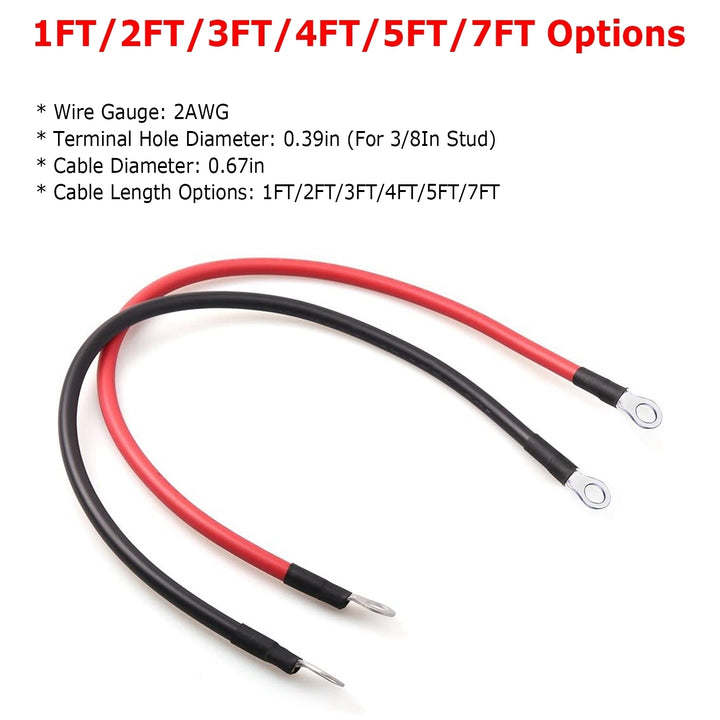 2Pcs 2 AWG Gauge Copper Battery Cables Red Black with 3/8in Lugs 1FT to 7FT Sizes Image 4