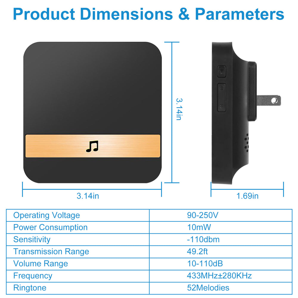 Plug In Chime Receiver Dingdong Entry Door Alarm Bell 433MHz 90-250V Doorbell with Volume 52 Melody Adjustments Image 2