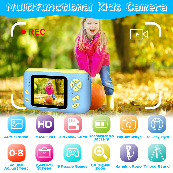 Kids Digital Camera 40MP with Flip Lens 2.4in Screen Tripod 32G Card Pink Blue Image 6