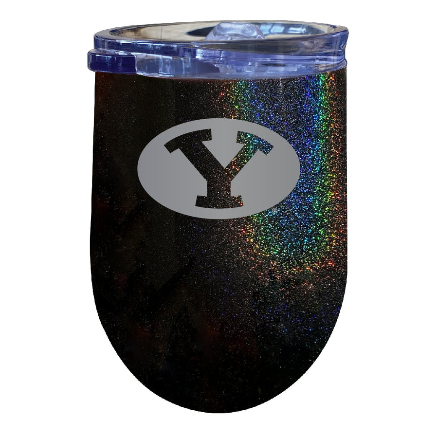 Brigham Young Cougars 12 oz Laser Etched Insulated Wine Stainless Steel Tumbler Rainbow Glitter Black Image 1