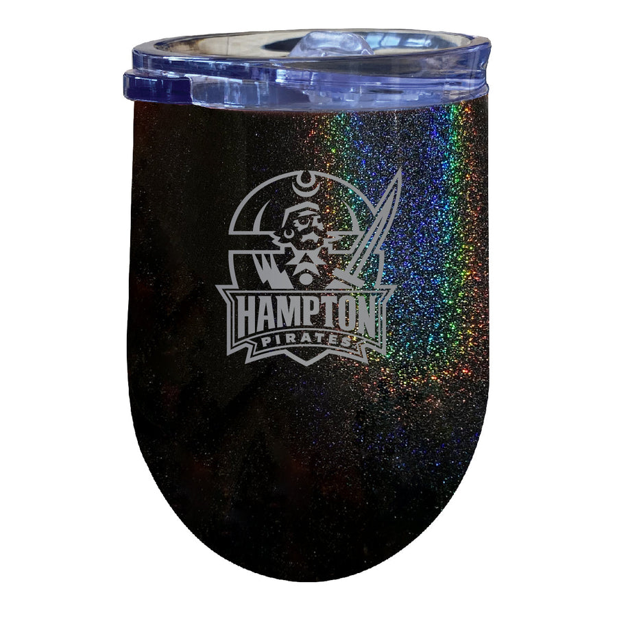 Hampton University 12 oz Laser Etched Insulated Wine Stainless Steel Tumbler Rainbow Glitter Black Image 1