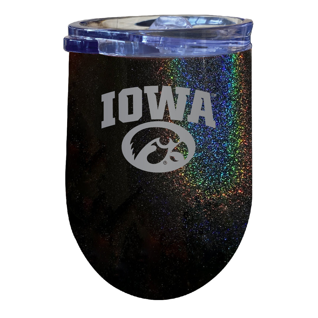 Iowa Hawkeyes 12 oz Laser Etched Insulated Wine Stainless Steel Tumbler Rainbow Glitter Black Image 1