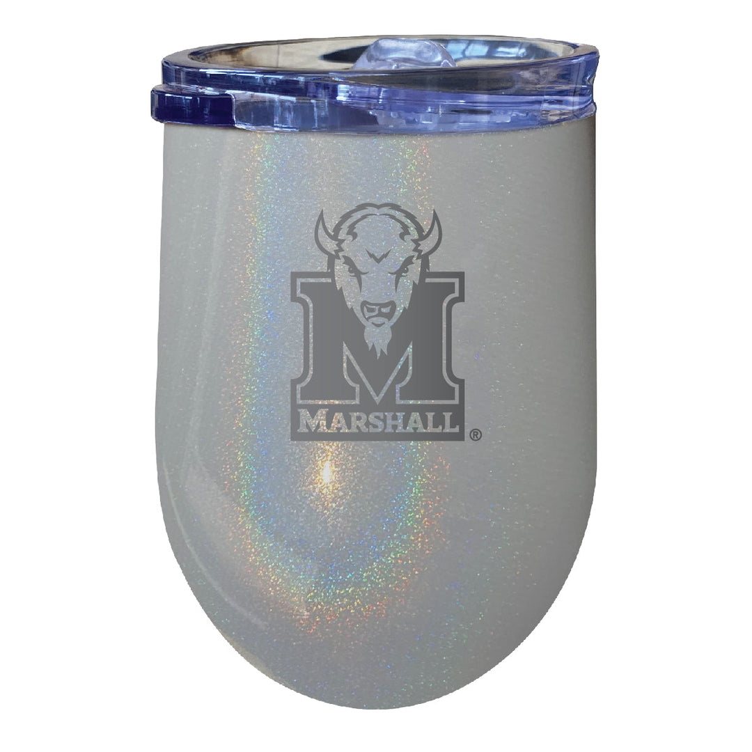 Marshall Thundering Herd 12 oz Laser Etched Insulated Wine Stainless Steel Tumbler Rainbow Glitter Grey Image 1