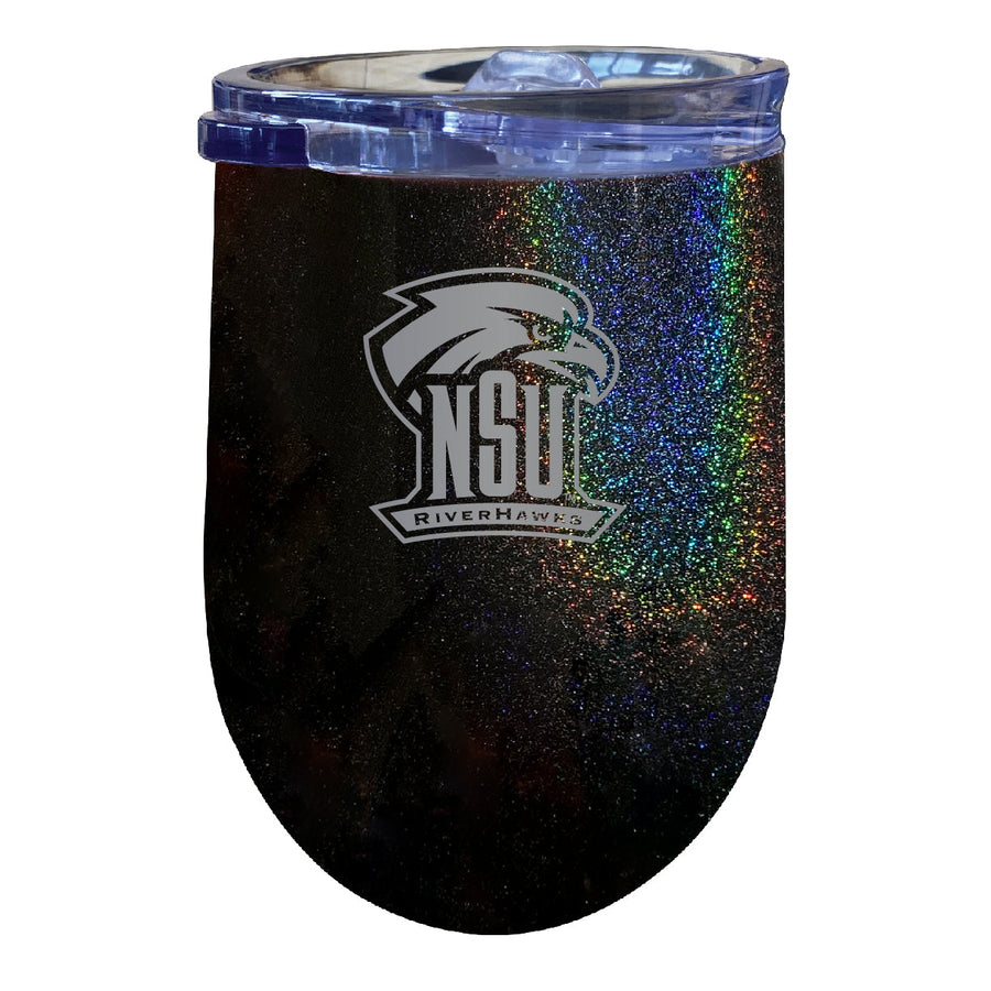Northeastern State University Riverhawks 12 oz Laser Etched Insulated Wine Stainless Steel Tumbler Rainbow Glitter Black Image 1