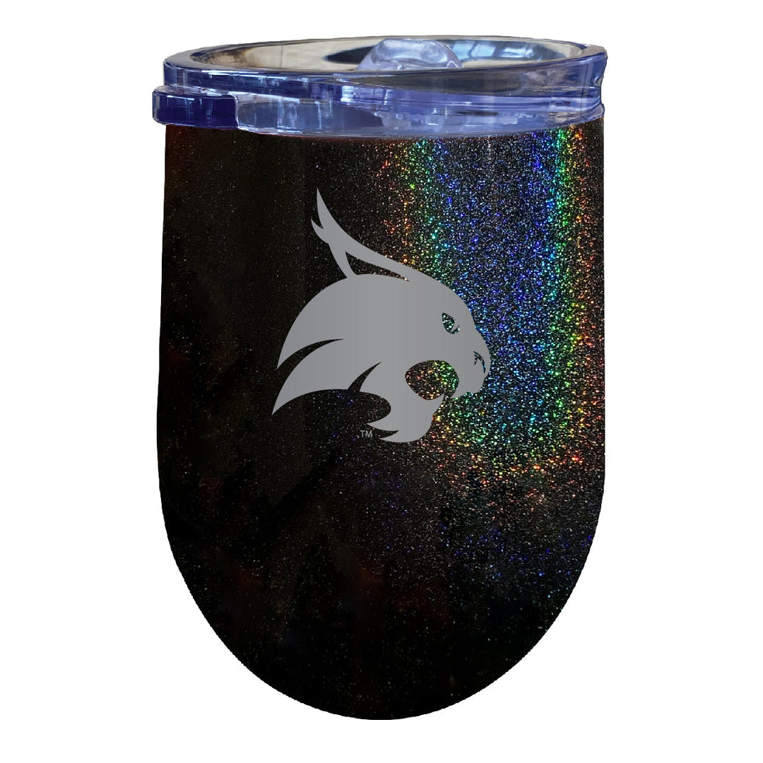 Texas State Bobcats 12 oz Laser Etched Insulated Wine Stainless Steel Tumbler Rainbow Glitter Black Image 1