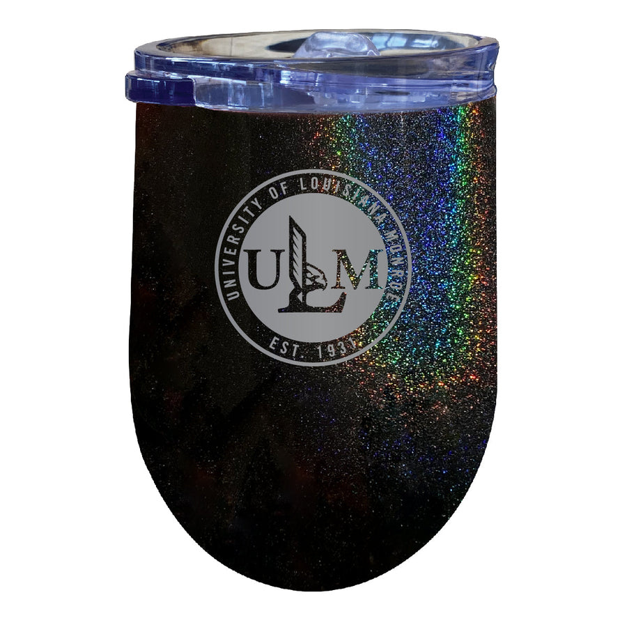 University of Louisiana Monroe 12 oz Laser Etched Insulated Wine Stainless Steel Tumbler Rainbow Glitter Black Image 1