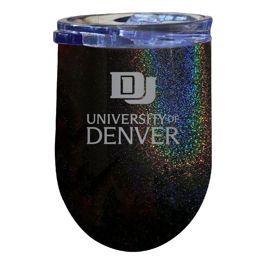 University of Denver Pioneers 12 oz Laser Etched Insulated Wine Stainless Steel Tumbler Rainbow Glitter Black Image 1