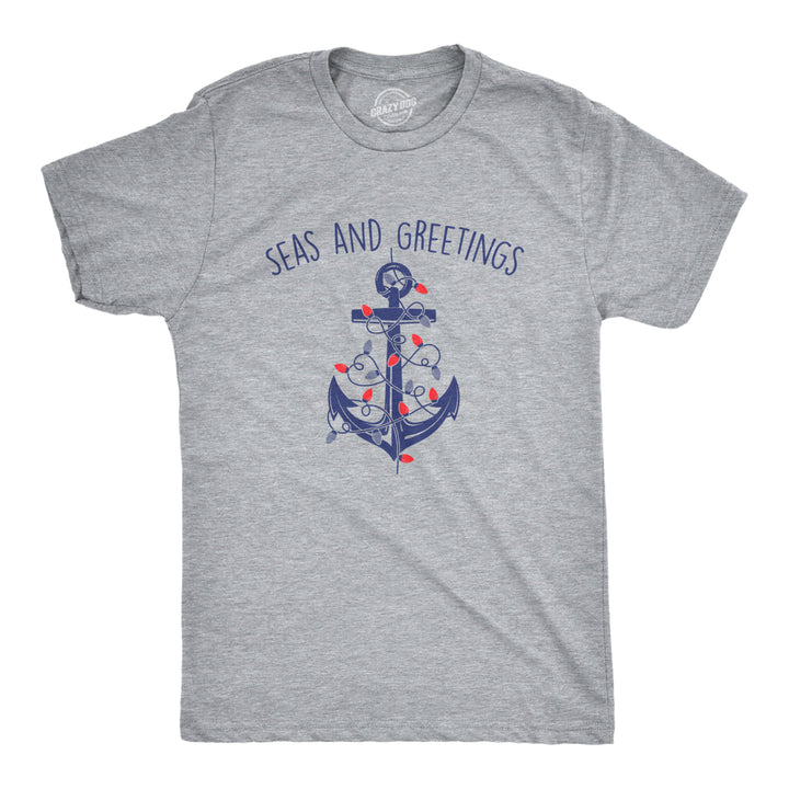 Mens Seas And Greetings T Shirt Funny Xmas Lights Sailing Anchor Joke Tee For Guys Image 1