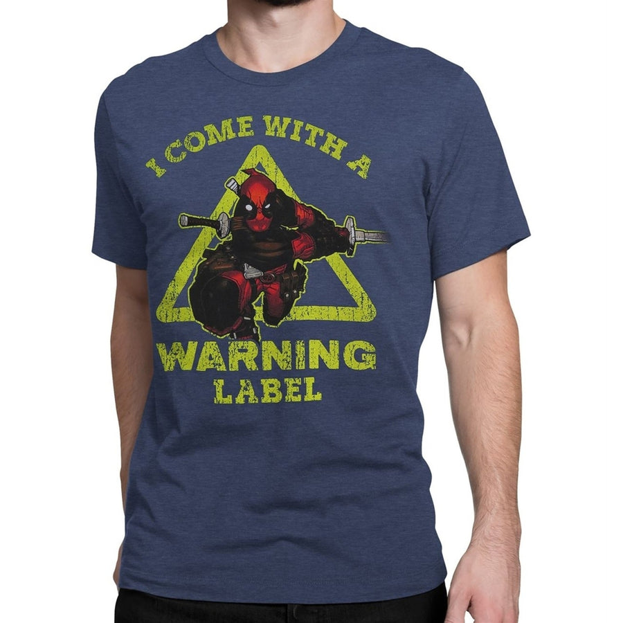 Deadpool Warning Label Mens T-Shirt Image 1