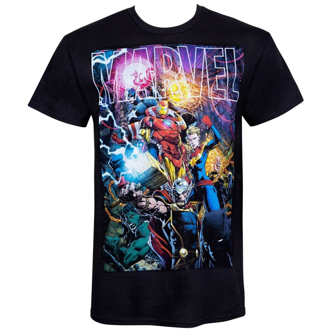 Marvel Logo With Heroes Mens-T-Shirt Image 1