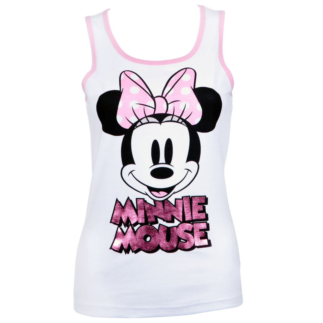 Minnie Mouse Ladies Pink Foil Logo White Tank Top Image 1