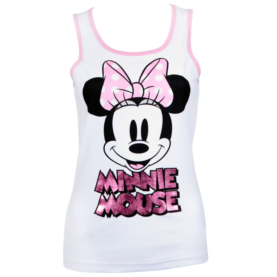 Minnie Mouse Ladies Pink Foil Logo White Tank Top Image 1