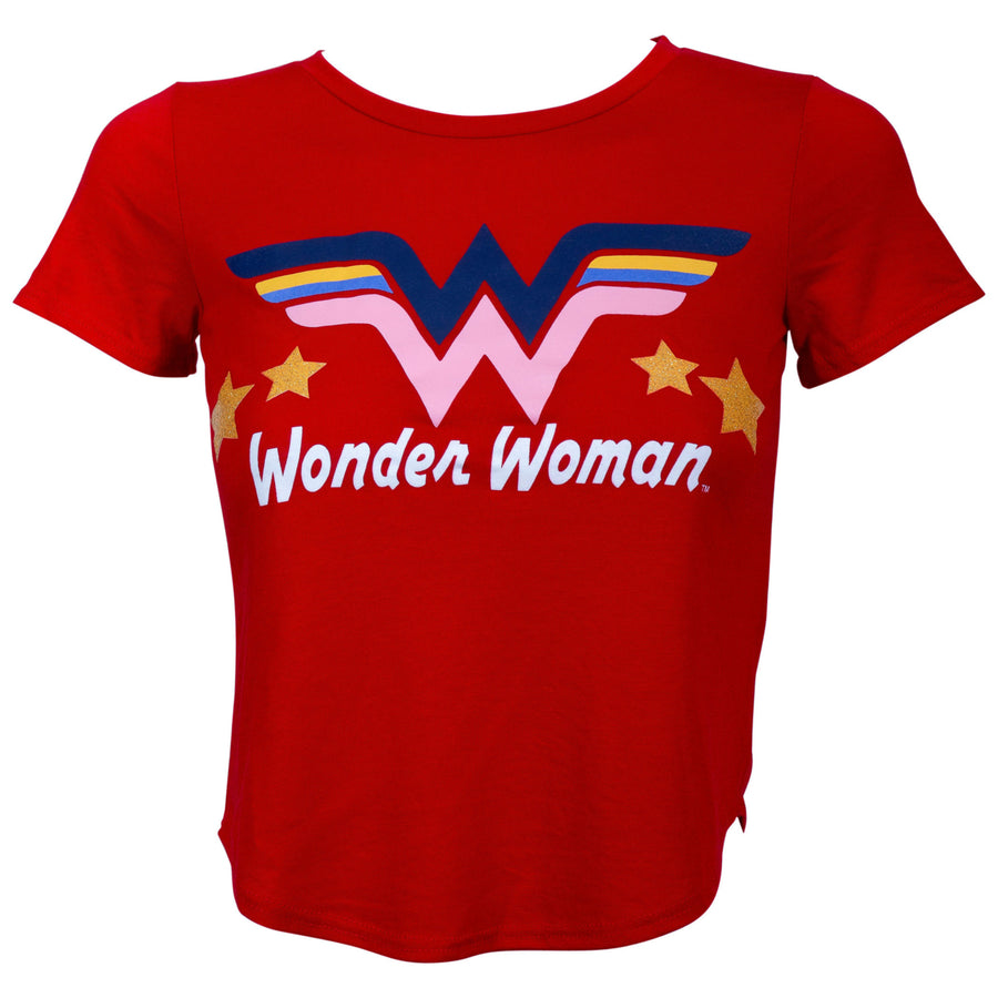 DC Wonder Woman Glitter Star Girls Red T-Shirt Image 1