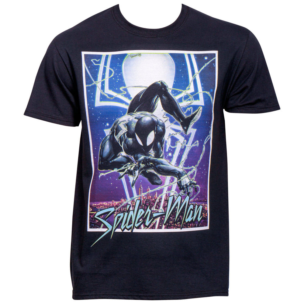 Marvel Spider-Man Symbiote Suit Swinging over the City T-Shirt Image 1