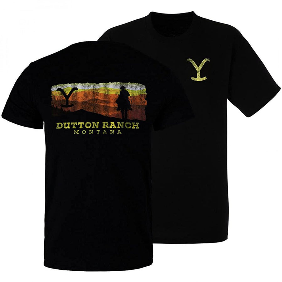 Yellowstone Rider Sunset Silhouette Front and Back Print T-Shirt Image 1