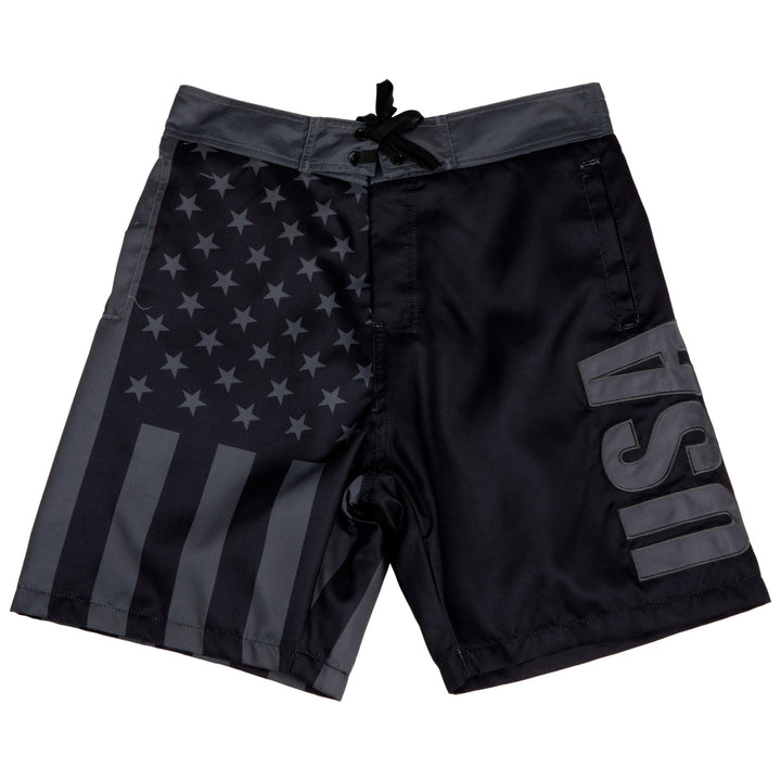 Patriotic Blackout American Flag Swim Trunks Image 1