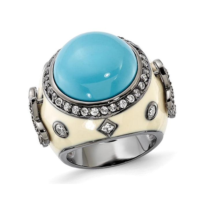 Sterling Silver Synthetic Turquoise Cocktail Fleur-De-Lys Ring with Synthetic Cubic Zirconia (CZ) (CZ) in Sterling Image 1