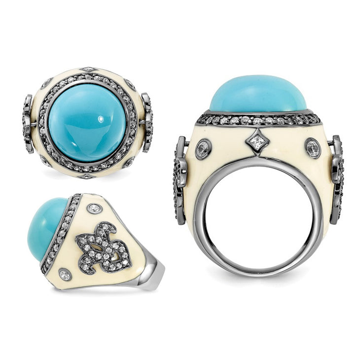 Sterling Silver Synthetic Turquoise Cocktail Fleur-De-Lys Ring with Synthetic Cubic Zirconia (CZ) (CZ) in Sterling Image 2