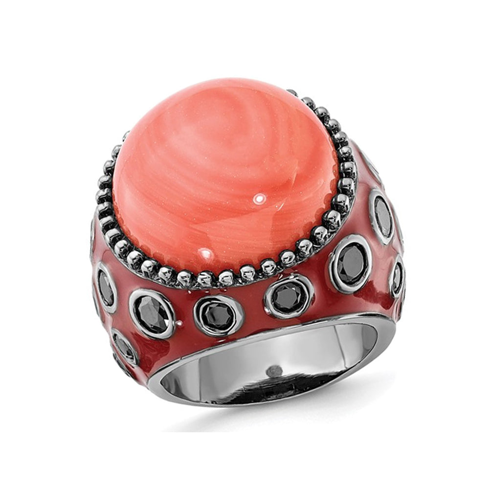 Red Enameled Sterling Silver With Synthetic Coral and Black Synthetic Cubic Zirconia (CZ)s Cocktail Ring with Cubic Image 1