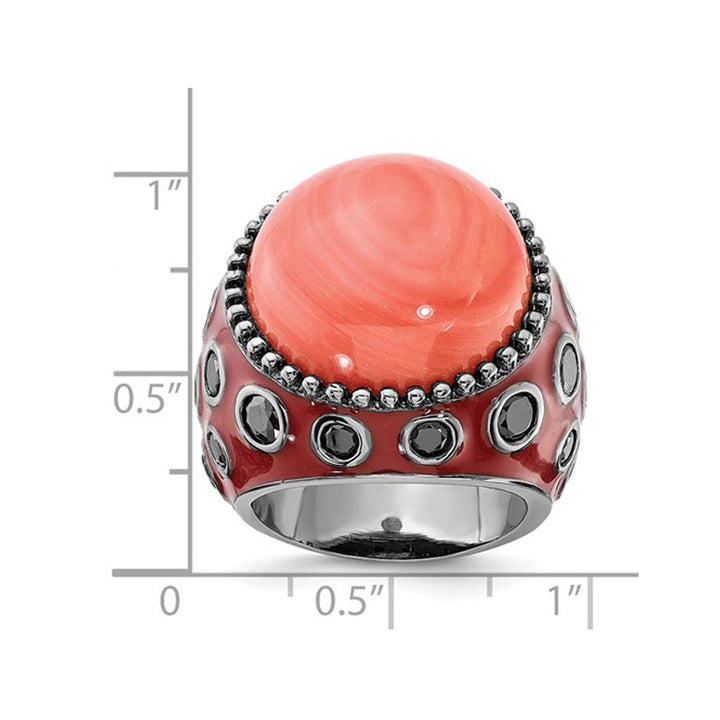 Red Enameled Sterling Silver With Synthetic Coral and Black Synthetic Cubic Zirconia (CZ)s Cocktail Ring with Cubic Image 2