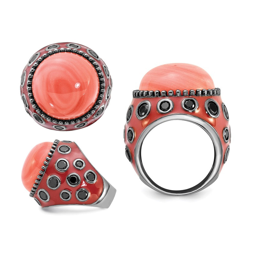 Red Enameled Sterling Silver With Synthetic Coral and Black Synthetic Cubic Zirconia (CZ)s Cocktail Ring with Cubic Image 3