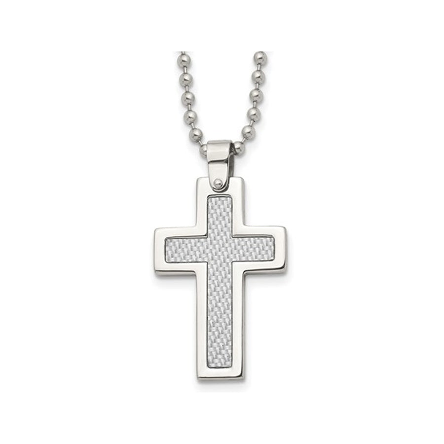 Mens Stainless Steel Grey Carbon Fiber Cross Pendant Necklace with Chain (22 Inches) Image 1