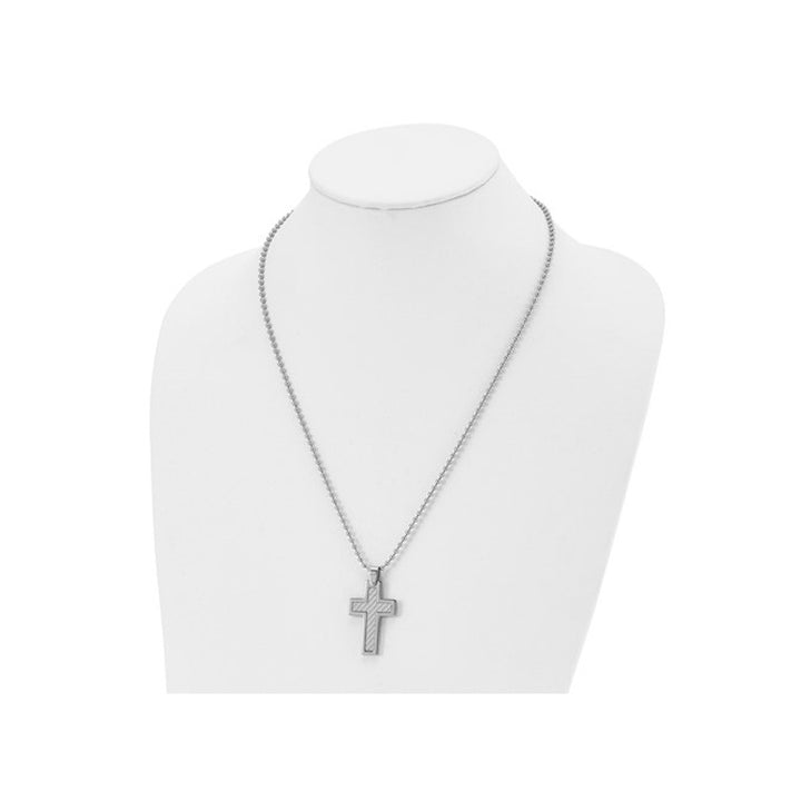 Mens Stainless Steel Grey Carbon Fiber Cross Pendant Necklace with Chain (22 Inches) Image 3