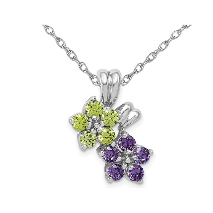 Natural Peridot and Amethyst Flower Pendant Necklace in Sterling Silver with Chain Image 1