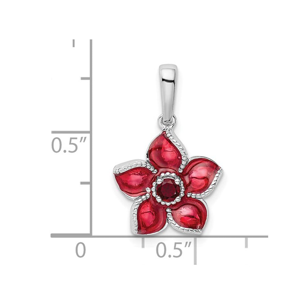 Lab-Created Ruby and Red Enamel Flower Charm Pendant Necklace in Sterling Silver with Chain Image 2