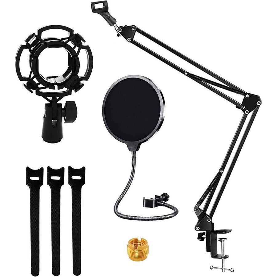 Professional Microphone Stand 16 inch with Pop Filter Heavy Duty Microphone Suspension Scissor Arm Stand and Windscreen Image 1