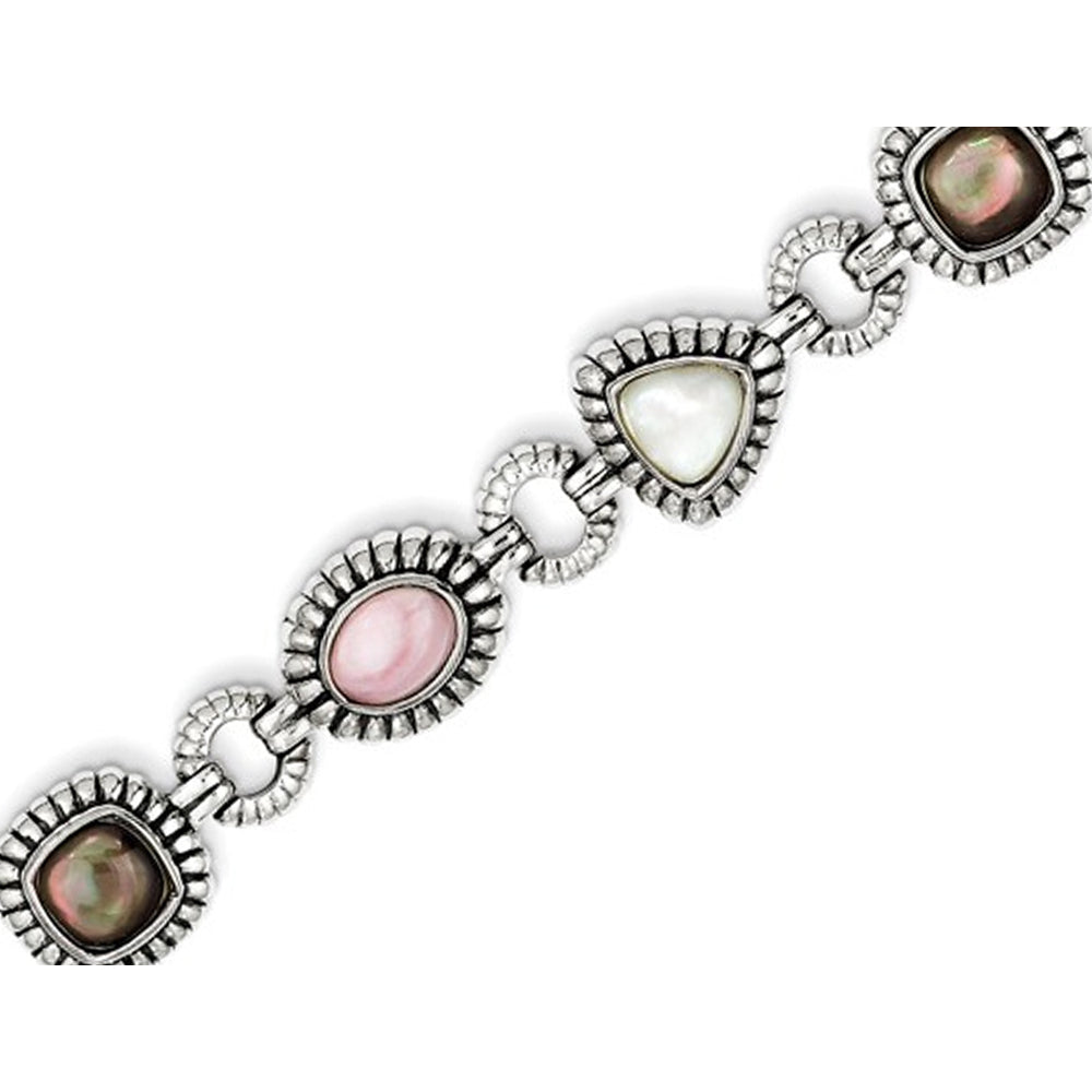 Pink Black and White Mother of Pearl Bracelet in Sterling Silver (7.75 Inches) Image 2