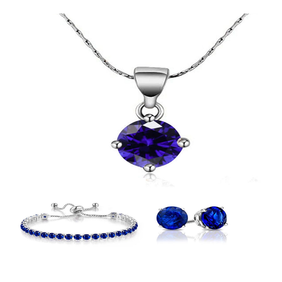 Paris Jewelry 18k White Gold 6 Ct Round Created Blue Sapphire Set of Necklace,Earrings and Bracelet Plated Image 1