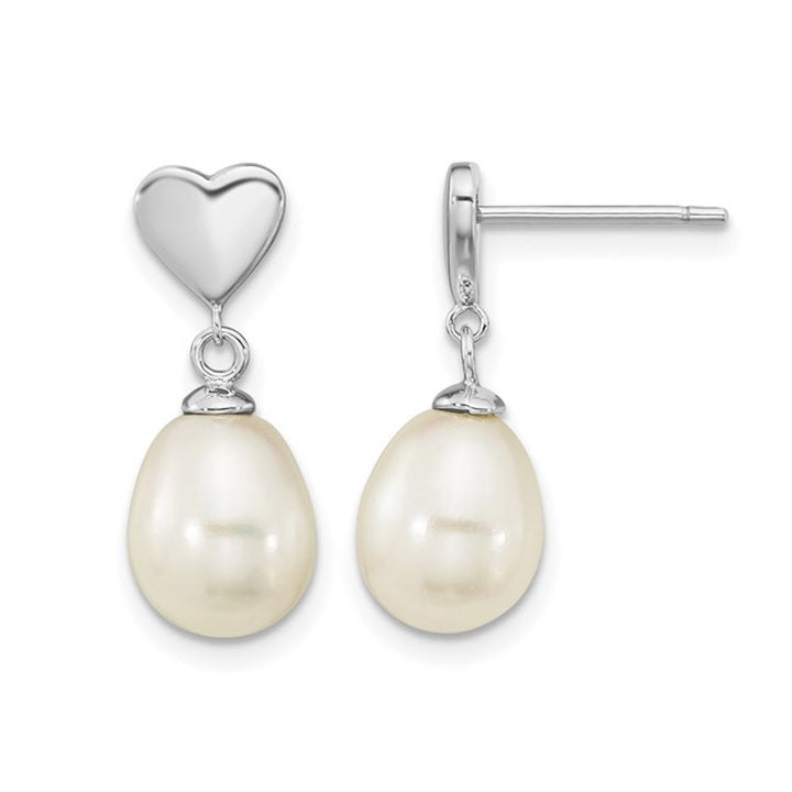 White Freshwater Cultured Pearl Dangle Heart Earrings in Sterling Silver Image 1