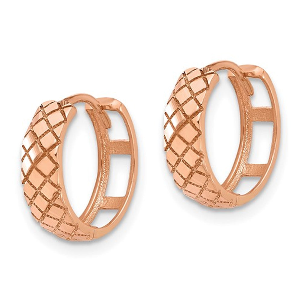 14K Rose Pink Gold Etched Hinged Hoop Earrings (4.00mm thick) Image 4