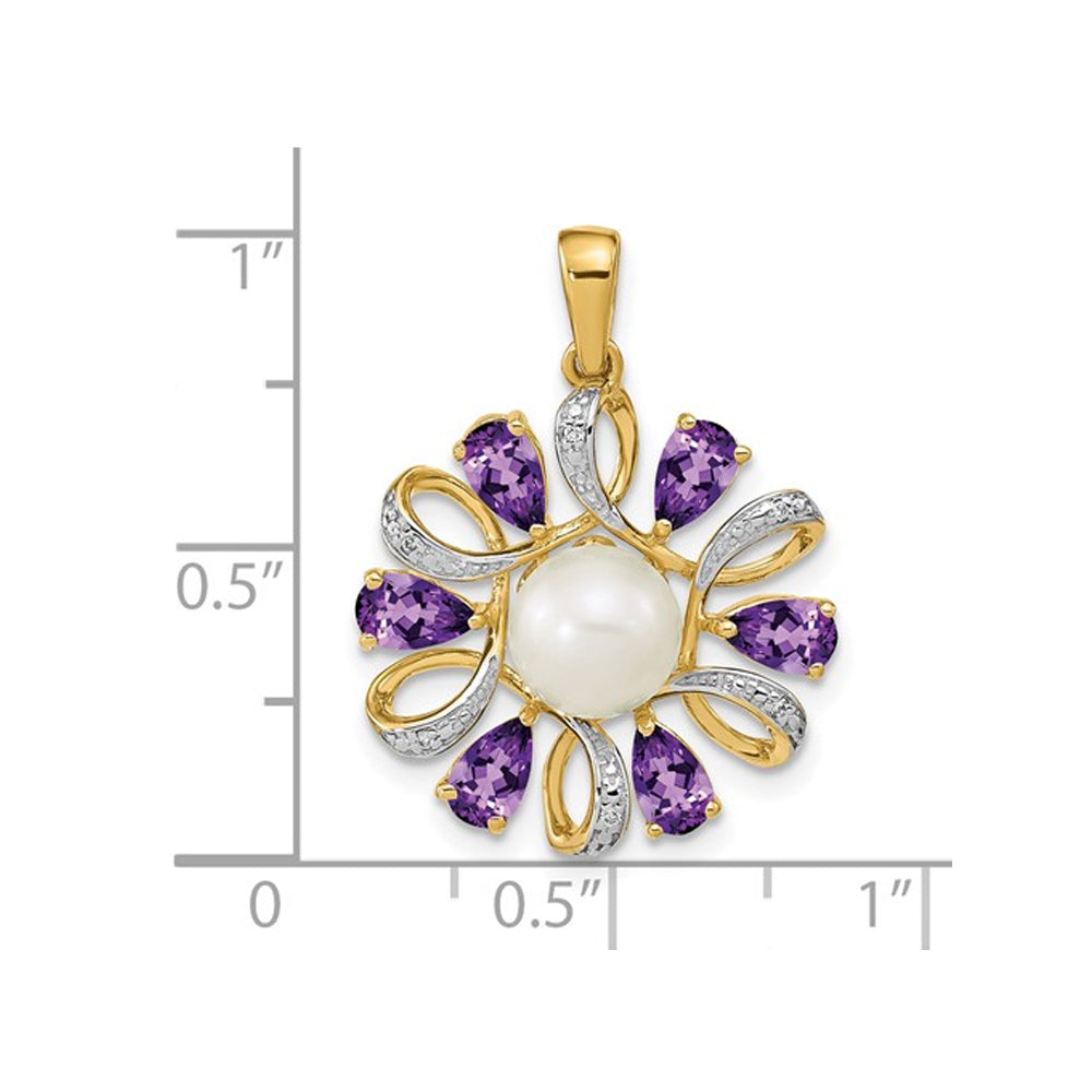 1.50 Carat (ctw) Amethyst Flower Pearl Pendant Necklace in 14K Yellow Gold with Chain Image 2
