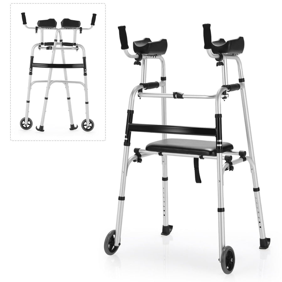 Foldable Aluminum Alloy Walker Wheel Walking Frame W/ Seat and Armrest Pad Image 1