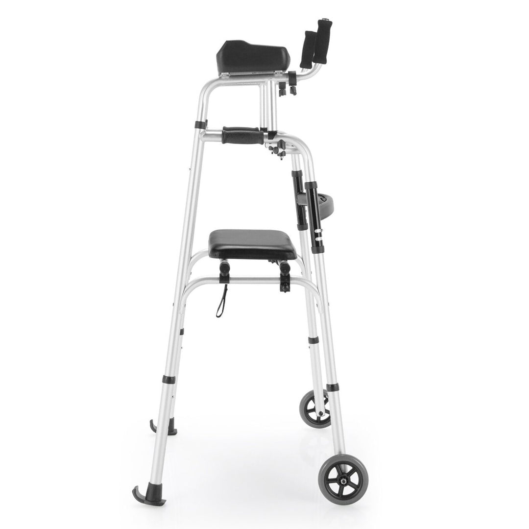 Foldable Aluminum Alloy Walker Wheel Walking Frame W/ Seat and Armrest Pad Image 10