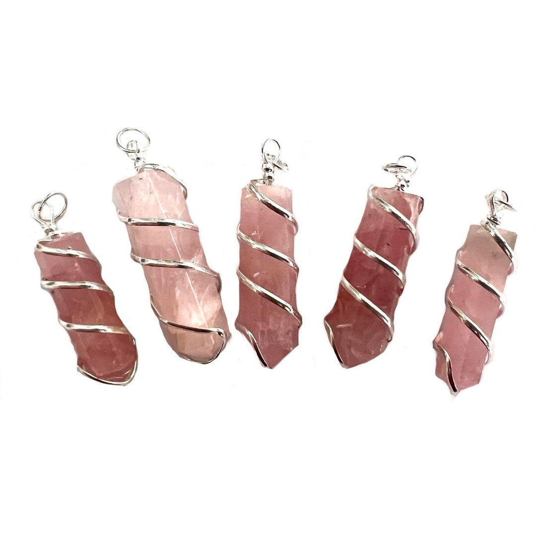 5 PC LOT ROSE QUARTZ WIRE COIL WRAPPED BULLET SHAPED PENDANT  crystal JL792  jewelry Image 1