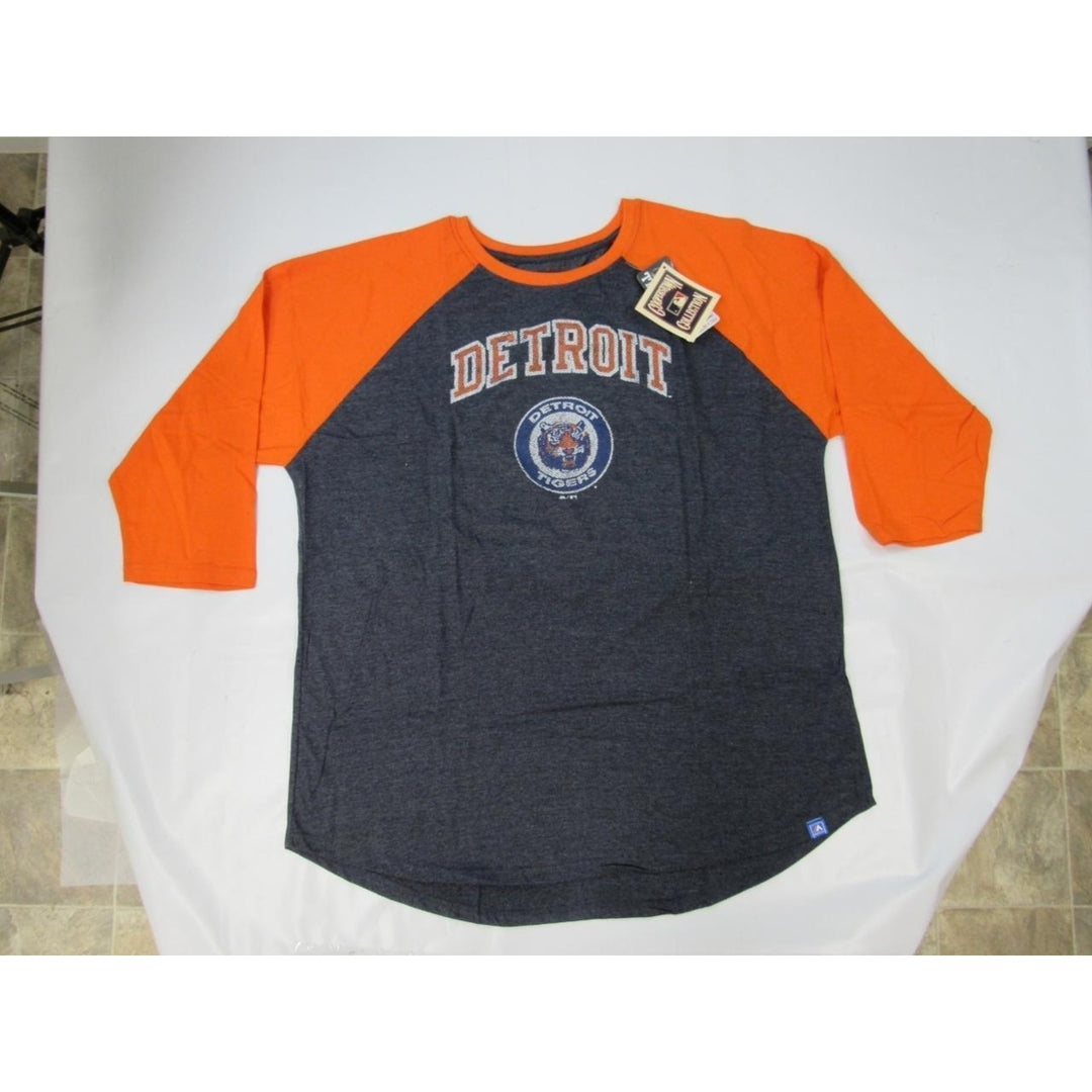 Detroit Tigers Mens Size 2XL-Tall Majestic Blue/Orange Raglan Shirt Image 3