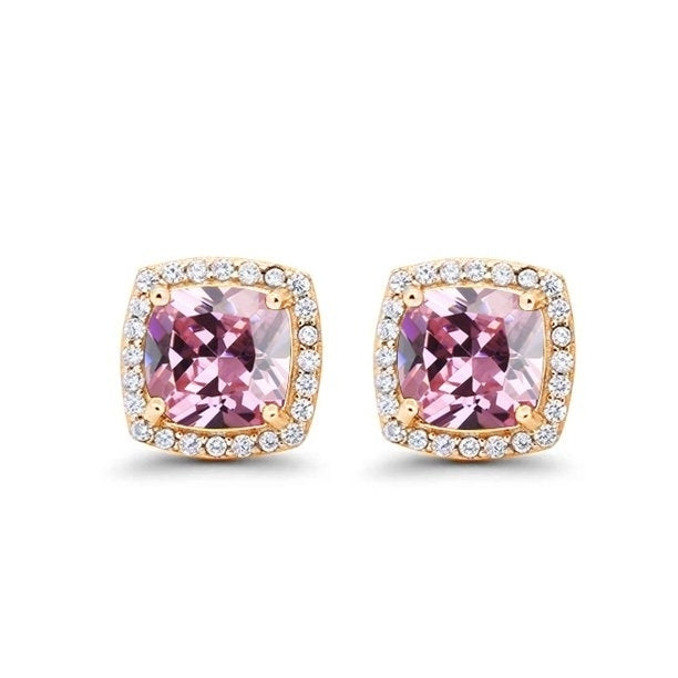 Paris Jewelry 14k Yellow Gold 1-2Ct Created Halo Princess Cut Pink Sapphire CZ Stud Earrings Plated Image 1