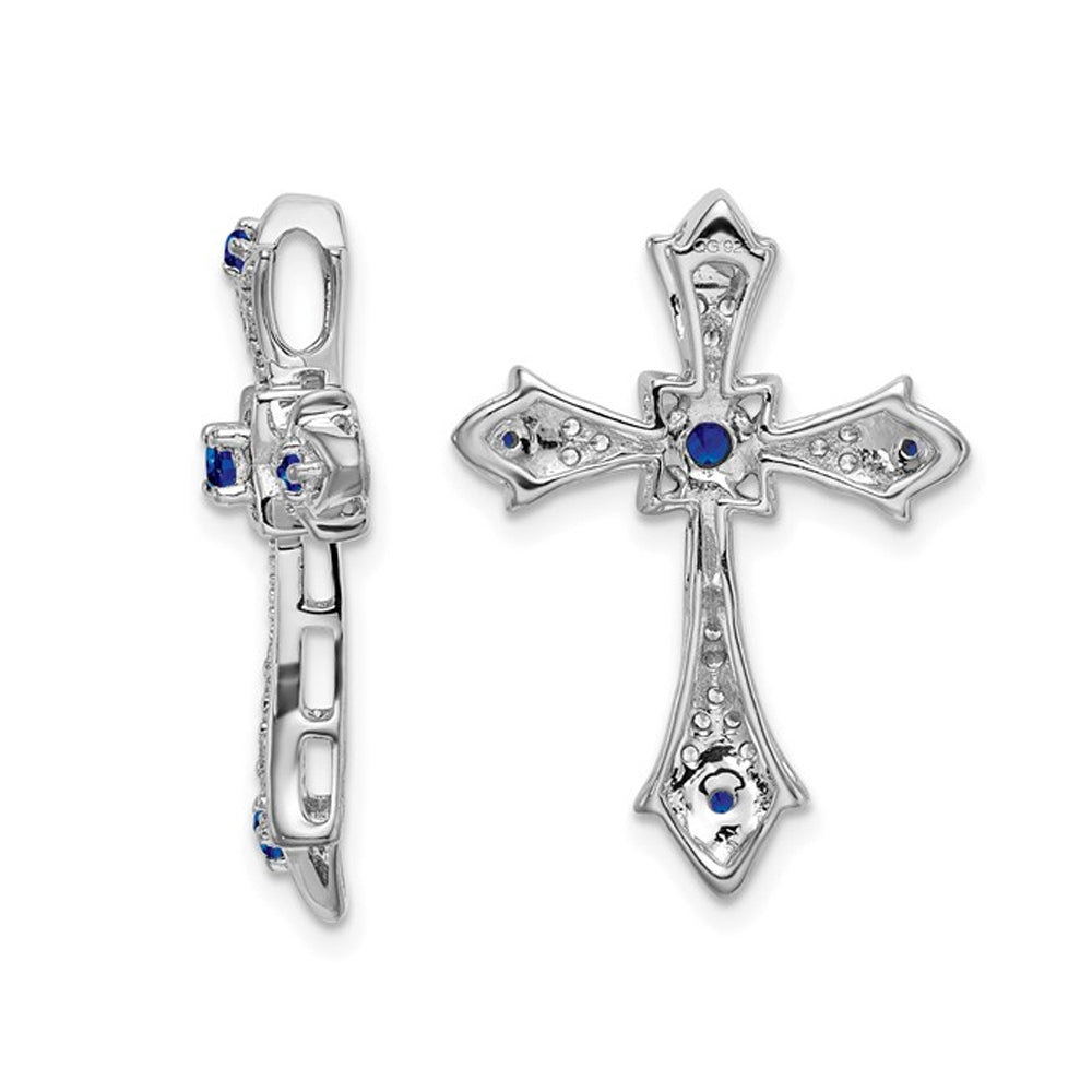 1/10 Carat (ctw) Blue Sapphire Cross Pendant Necklace with Diamonds in 10K White Gold with Chain Image 2
