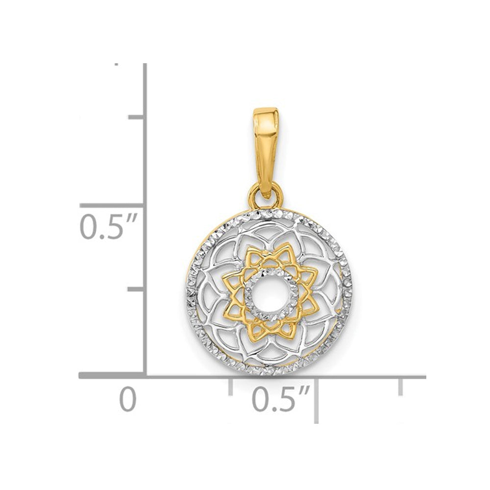 14K Yellow and White Gold Floral Circle Pendant Necklace with Chain Image 2