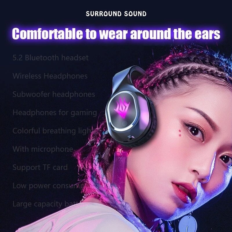 Bluetooth 5.2 Wireless Game,Music Mode Foldable Gaming Headphone RGB Magic Lights 3D Stereo HiFi Headsets With Mic Image 4