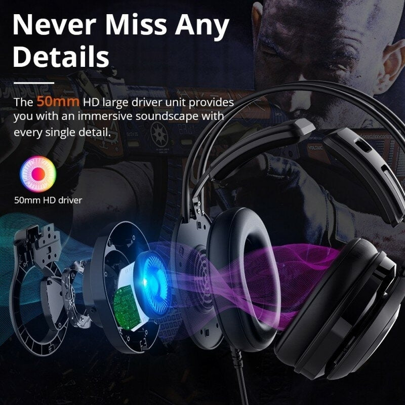 Gaming Headset 50mm Dynamic HD Noise Reduction Luminous 3.5mm USB Headphone with Mic for Gamer Image 3
