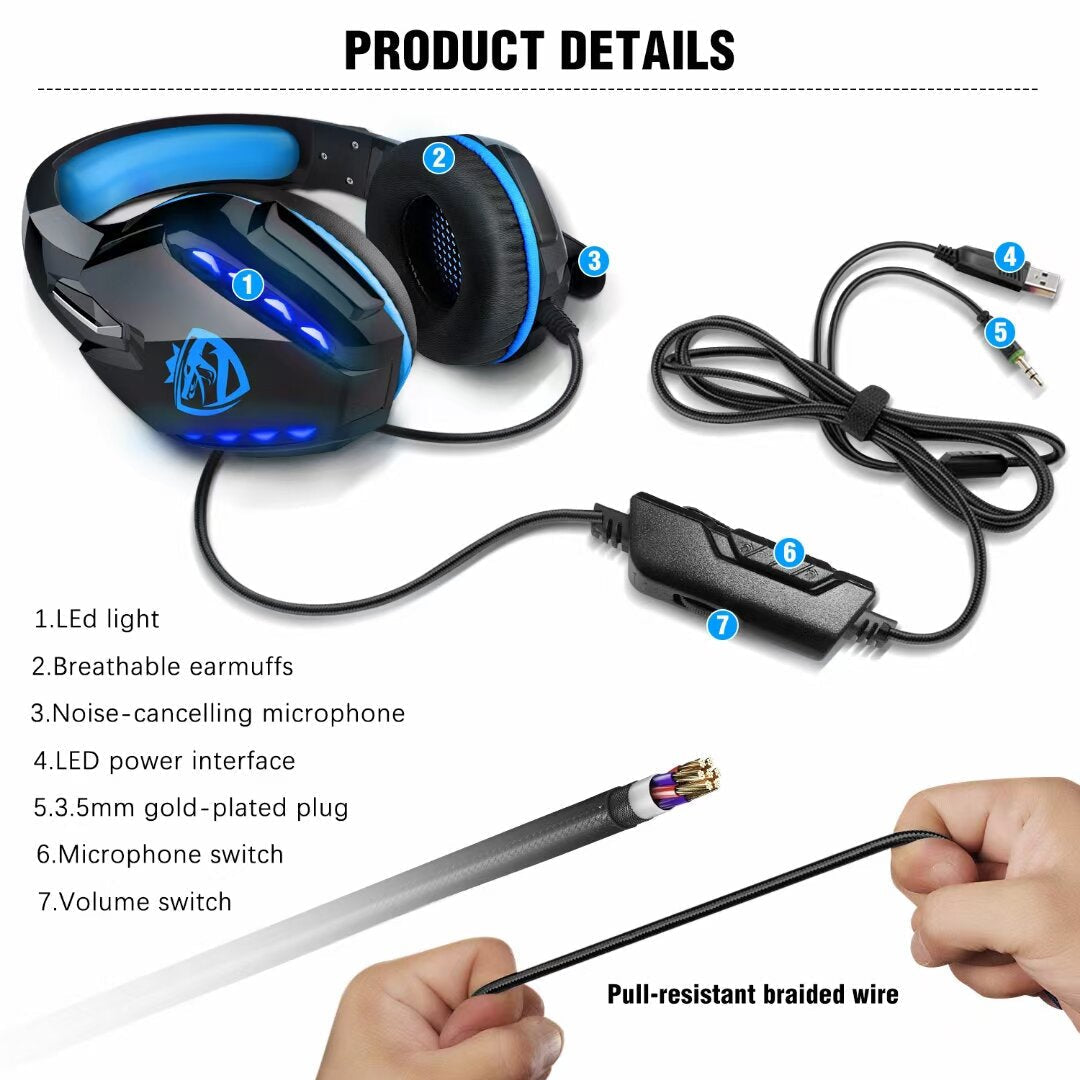 Gaming Headphones RGB Light Noise Cancelling Surround Sound Gaming Wired Headsets with Mic Image 7