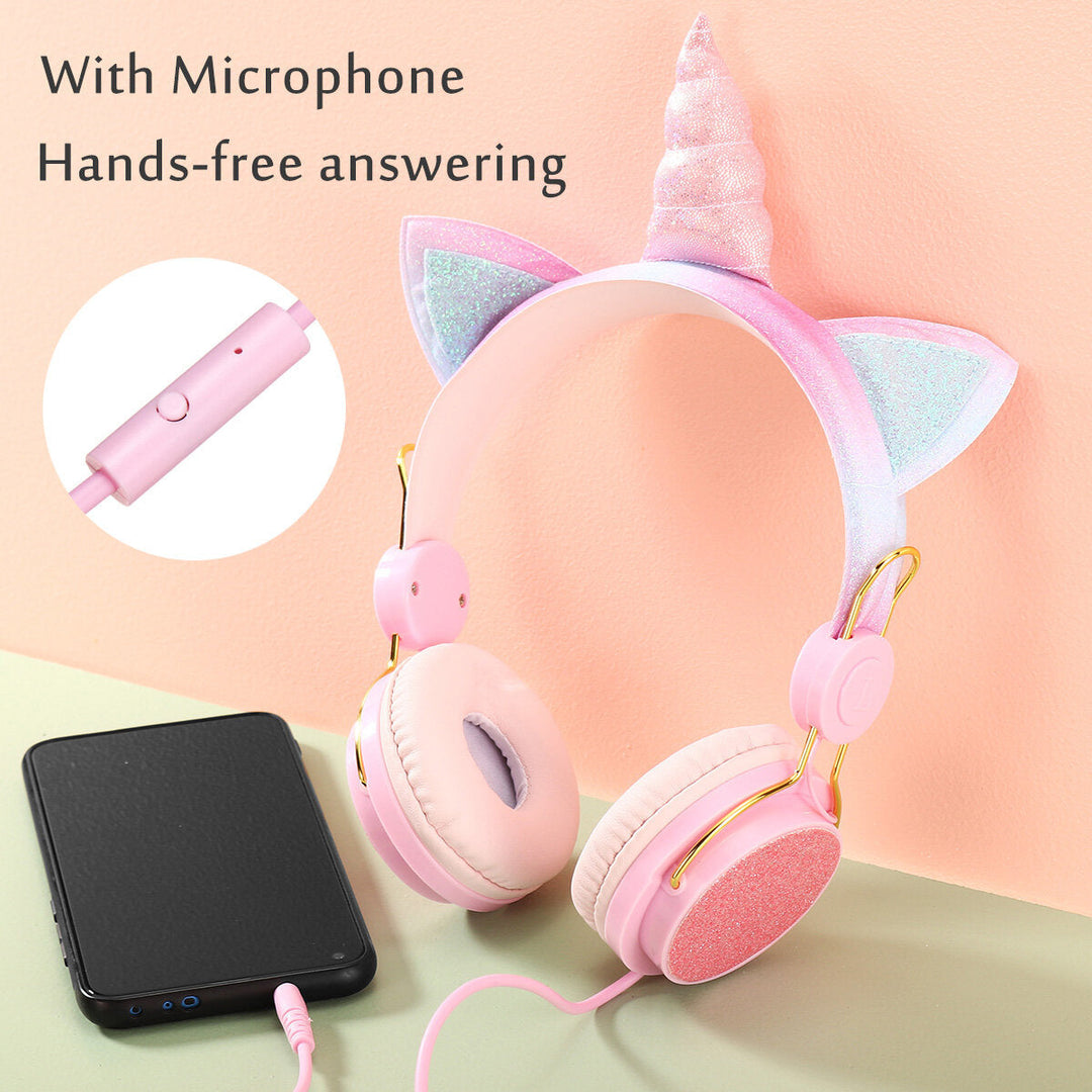 Cute Unicorn Over-Ear Headphones Kids Cartoon Stereo Headset Earphone Built-in Microphone 3.5mm Image 3