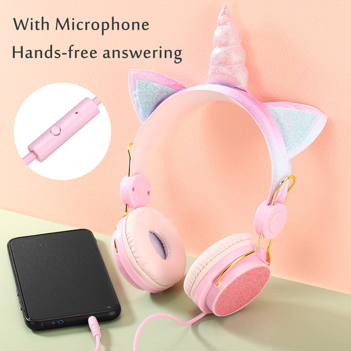 Cute Unicorn Over-Ear Headphones Kids Cartoon Stereo Headset Earphone Built-in Microphone 3.5mm Image 3
