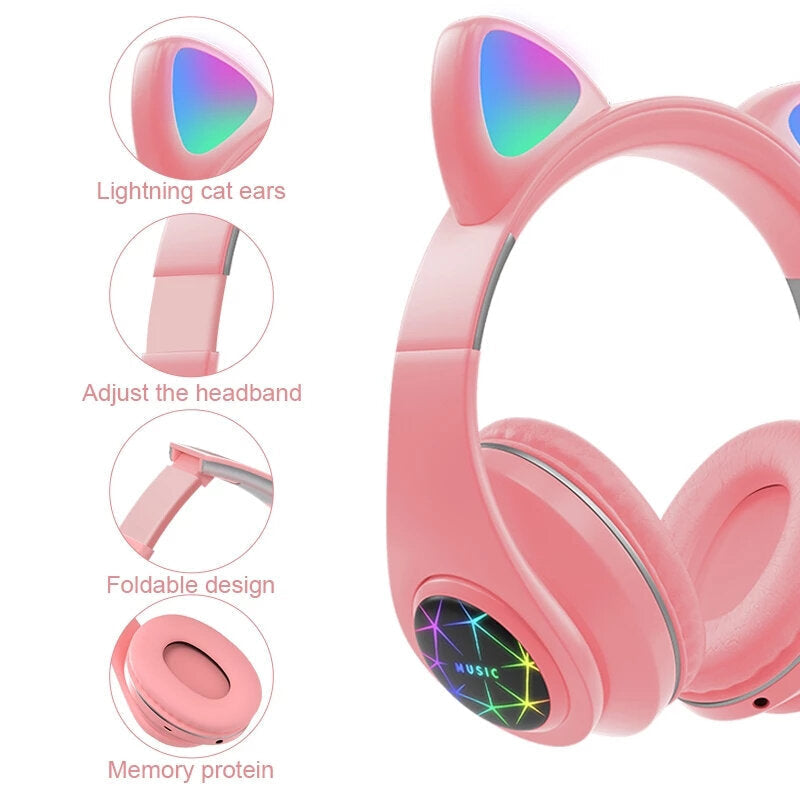 Cut Cat Ear Headphones Wireless bluetooth 5.0 TF Card AUX-In Luminous Foldable Head-Mounted Headsetwith Mic Image 4